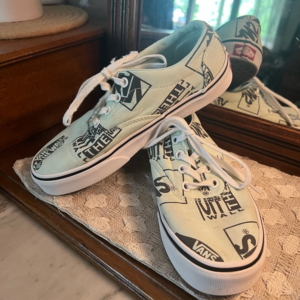 VANS Off the Wall Classic Low Top Logo Collage Sneakers Mint Green Black Wms 6.5